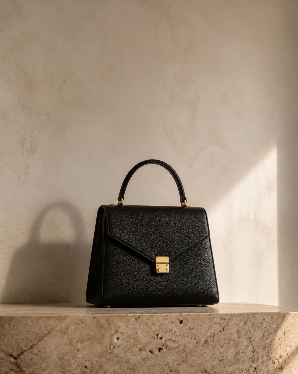 The Top Handle — black leather bag on travertine, coming soon