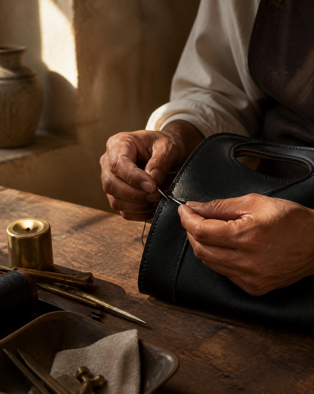 Artisan hand-stitching a black leather handbag in a sunlit atelier