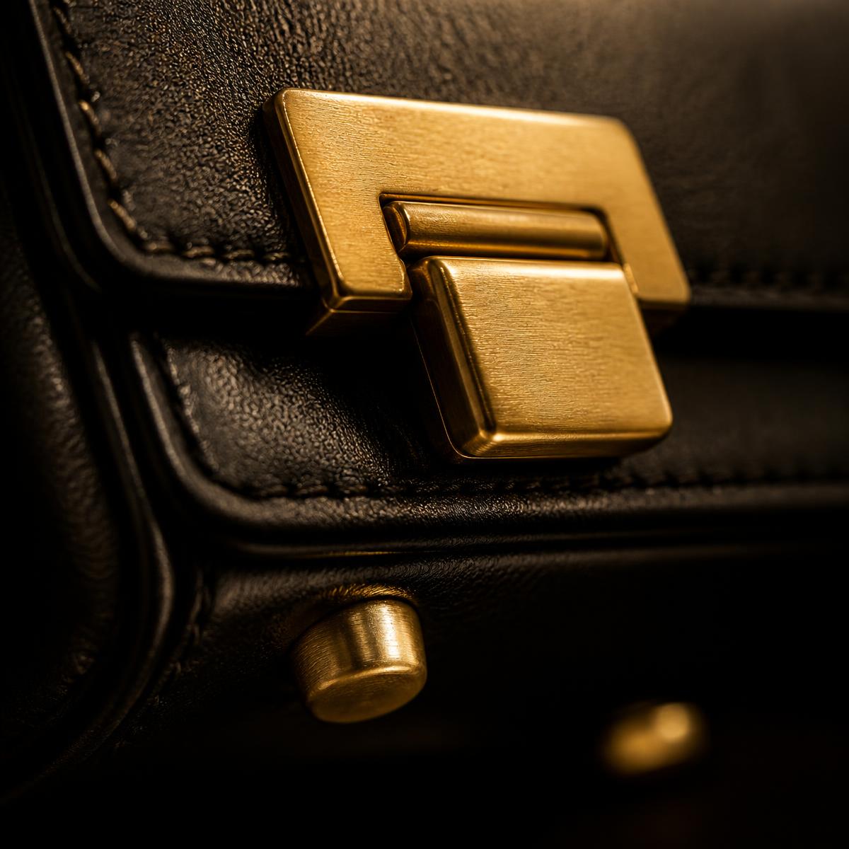 Close-up of brushed soft gold clasp hardware on black leather
